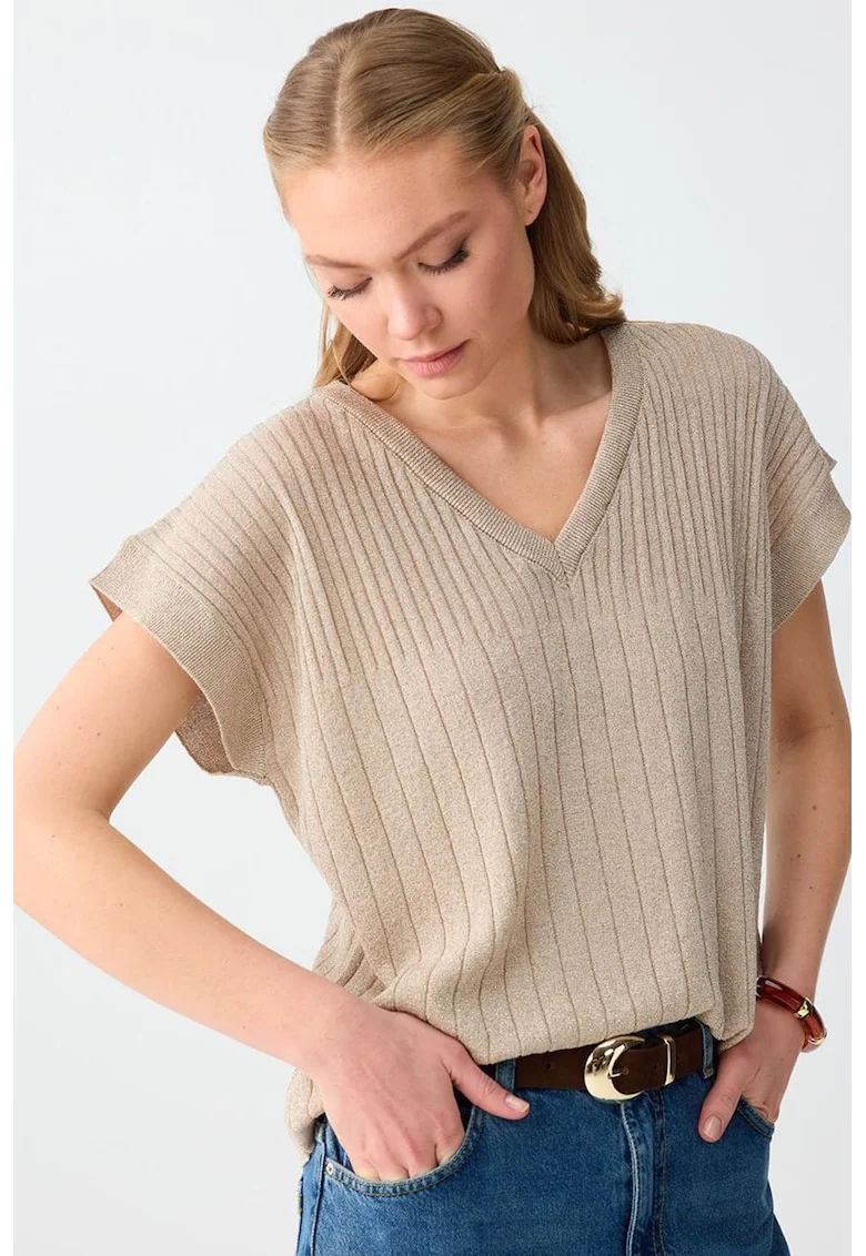 Bluza cu decolteu in V si lurex, Maro camel