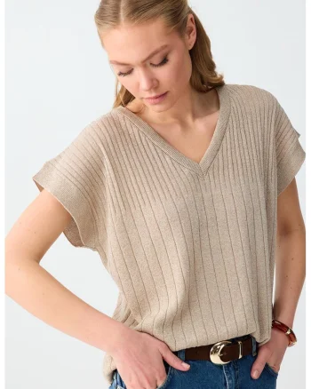 Bluza cu decolteu in V si lurex, Maro camel