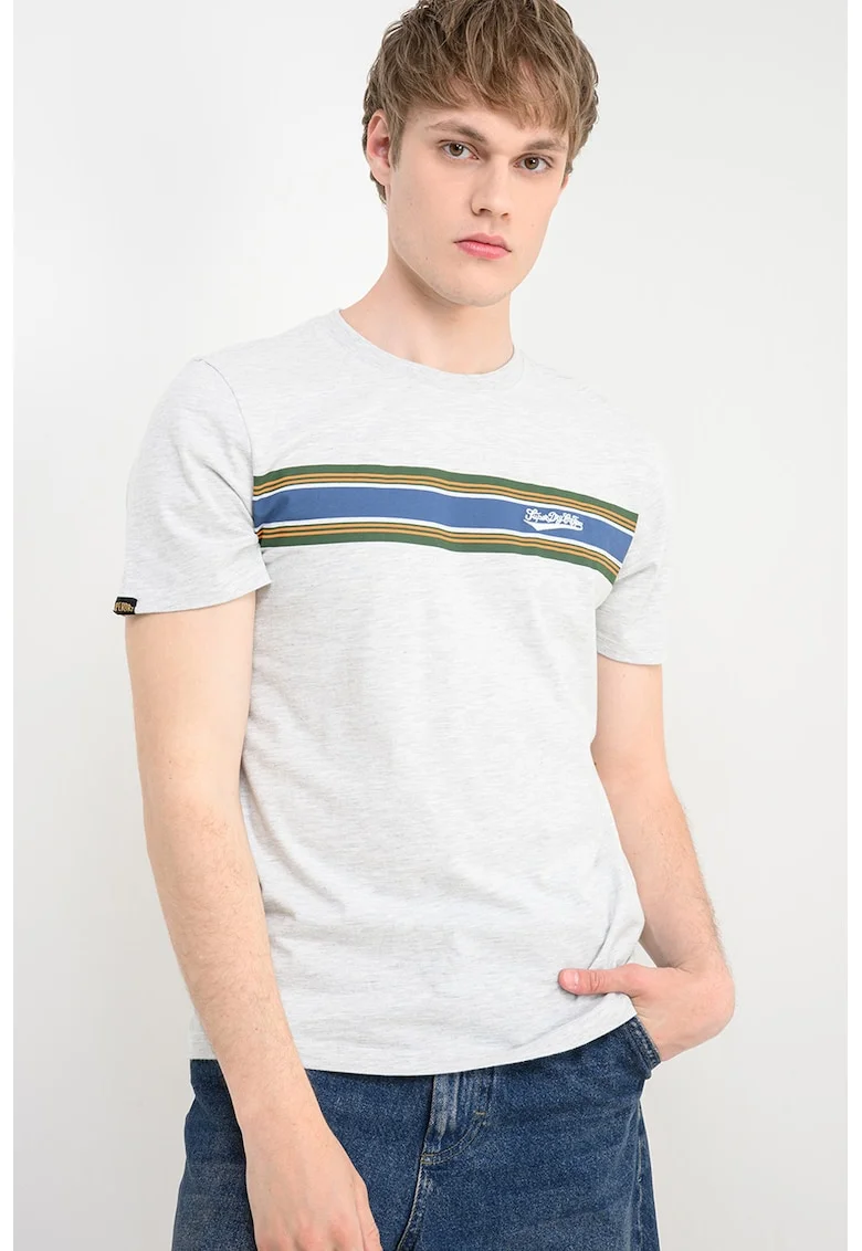 Tricou cu decolteu la baza gatului si dungi, Verde/Gri deschis melange/Bleumarin