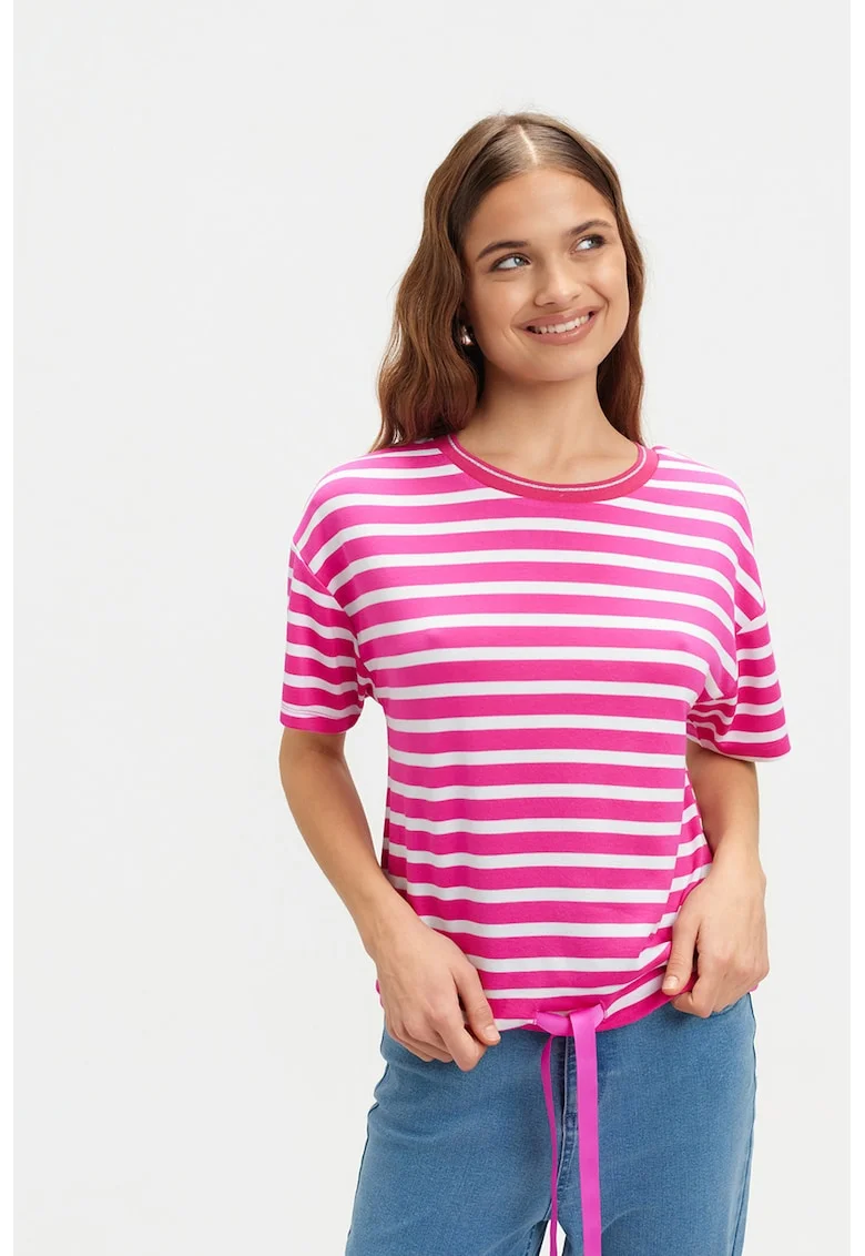 Tricou cu maneci cazute si dungi, Alb/Roz