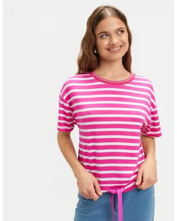Tricou cu maneci cazute si dungi, Alb/Roz