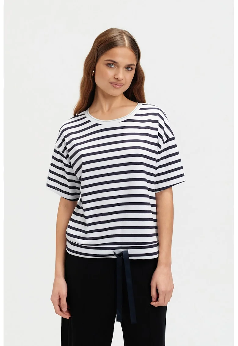 Tricou cu maneci cazute si dungi, Alb/Bleumarin