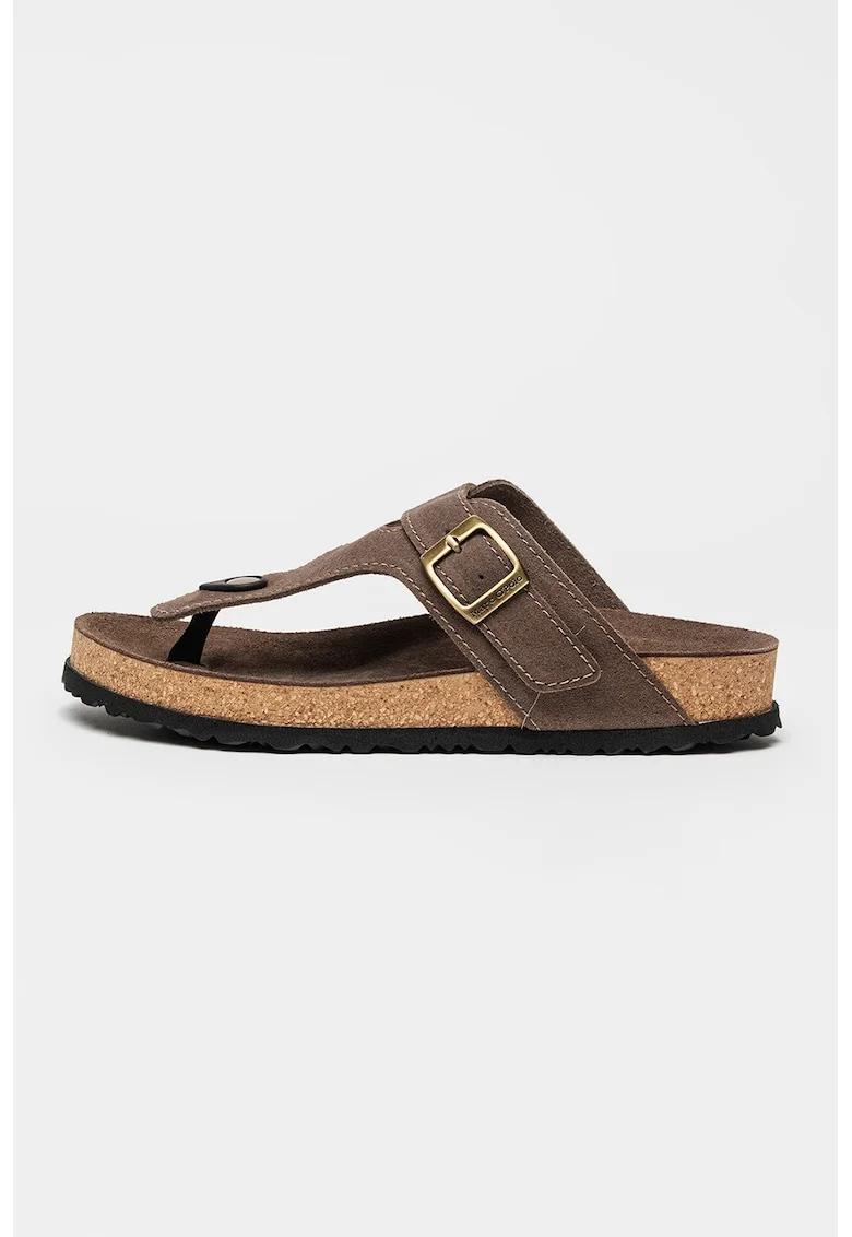 Papuci flip-flop din piele intoarsa cu catarama, Maro taupe