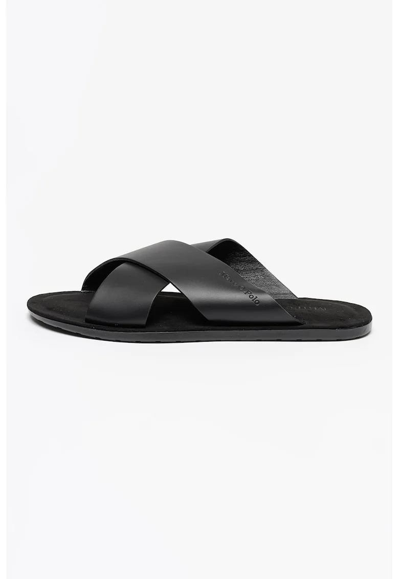Papuci de piele cu barete incrucisate, Negru