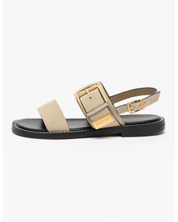 Sandale din piele intoarsa cu catarama decorativa, Maro taupe deschis