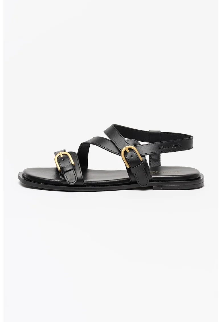 Sandale de piele cu barete multiple si catarame, Negru