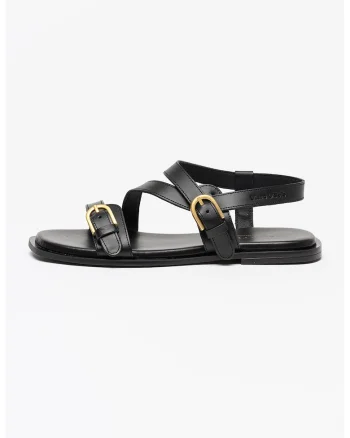 Sandale de piele cu barete multiple si catarame, Negru