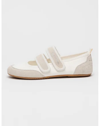 Balerini din piele intoarsa cu velcro si insertii din material textil, Maro taupe deschis/Alb murdar