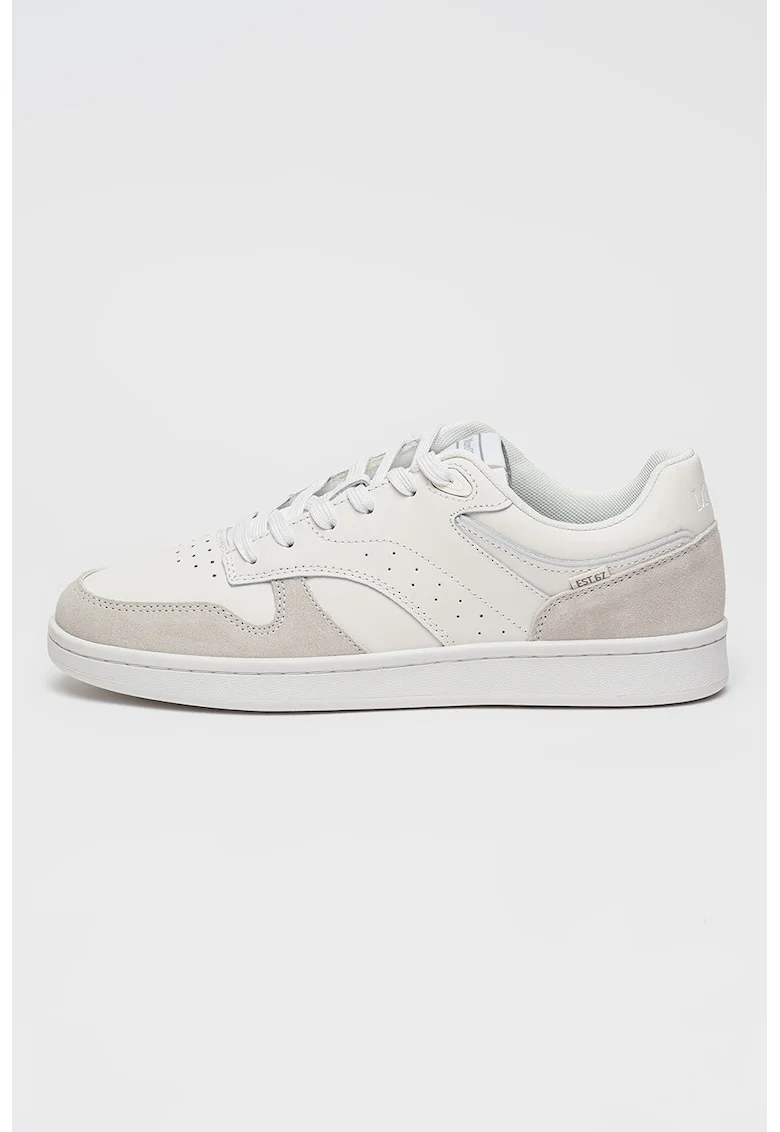 Pantofi sport low-cut din piele si piele intoarsa cu detaliu perforat, Maro taupe deschis/Alb murdar