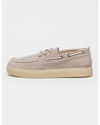 Pantofi boat de piele, Maro taupe deschis/Alb murdar