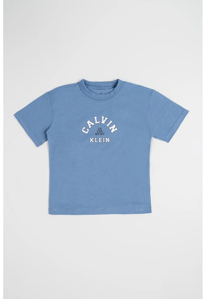 Tricou de bumbac cu decolteu la baza gatului si imprimeu, Albastru prafuit