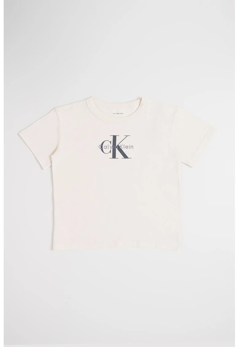 Tricou cu decolteu la baza gatului si imprimeu logo, Alb fildes