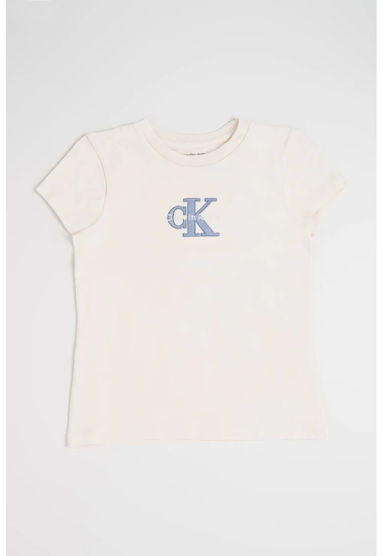 Tricou cu decolteu la baza gatului si logo brodat, Alb fildes