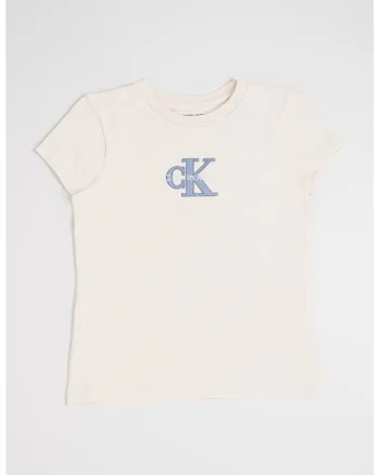 Tricou cu decolteu la baza gatului si logo brodat, Alb fildes