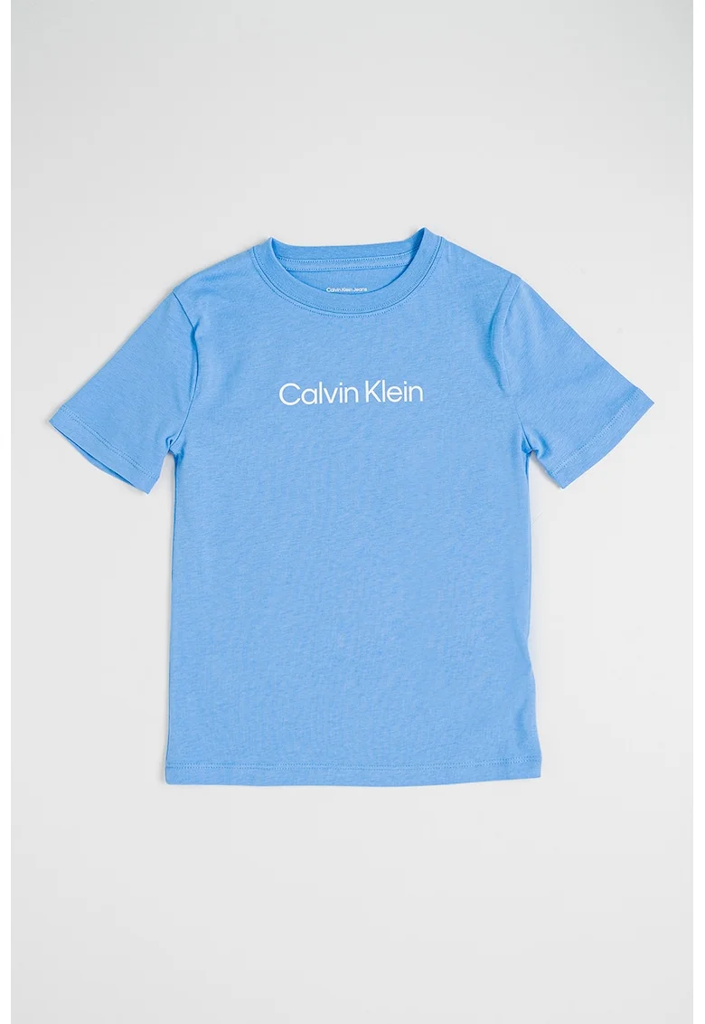 Tricou din bumbac organic cu imprimeu logo pe partea din fata, Albastru pastel