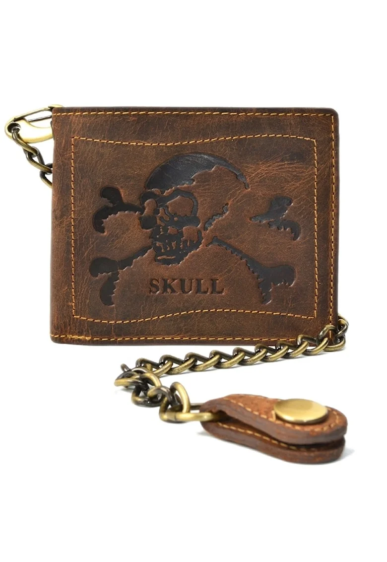 Portofel barbati piele naturala maro antichizat 12 x 10 x 3 cm, Skull Vintage,  Maro antichizat