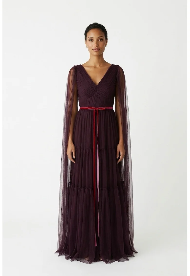 Rochie maxi din tul Sheida, Violet aubergine