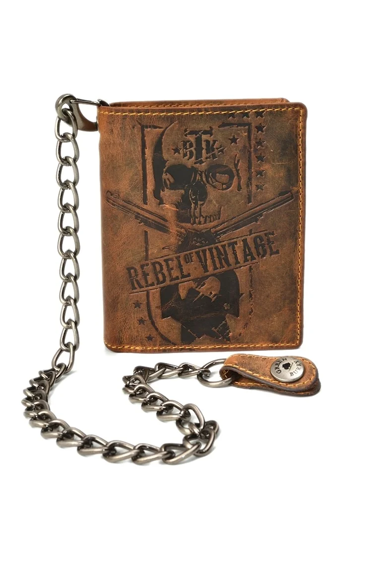 Portofel barbati piele naturala maro antichizat 10 x 12.5 x 3 cm, Rebel Skull Vintage,  Maro antichizat