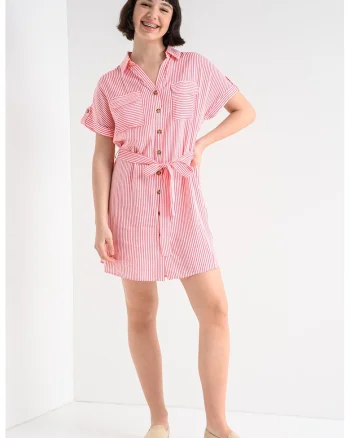 Rochie cu nasturi si maneci scurte, Alb/Coral