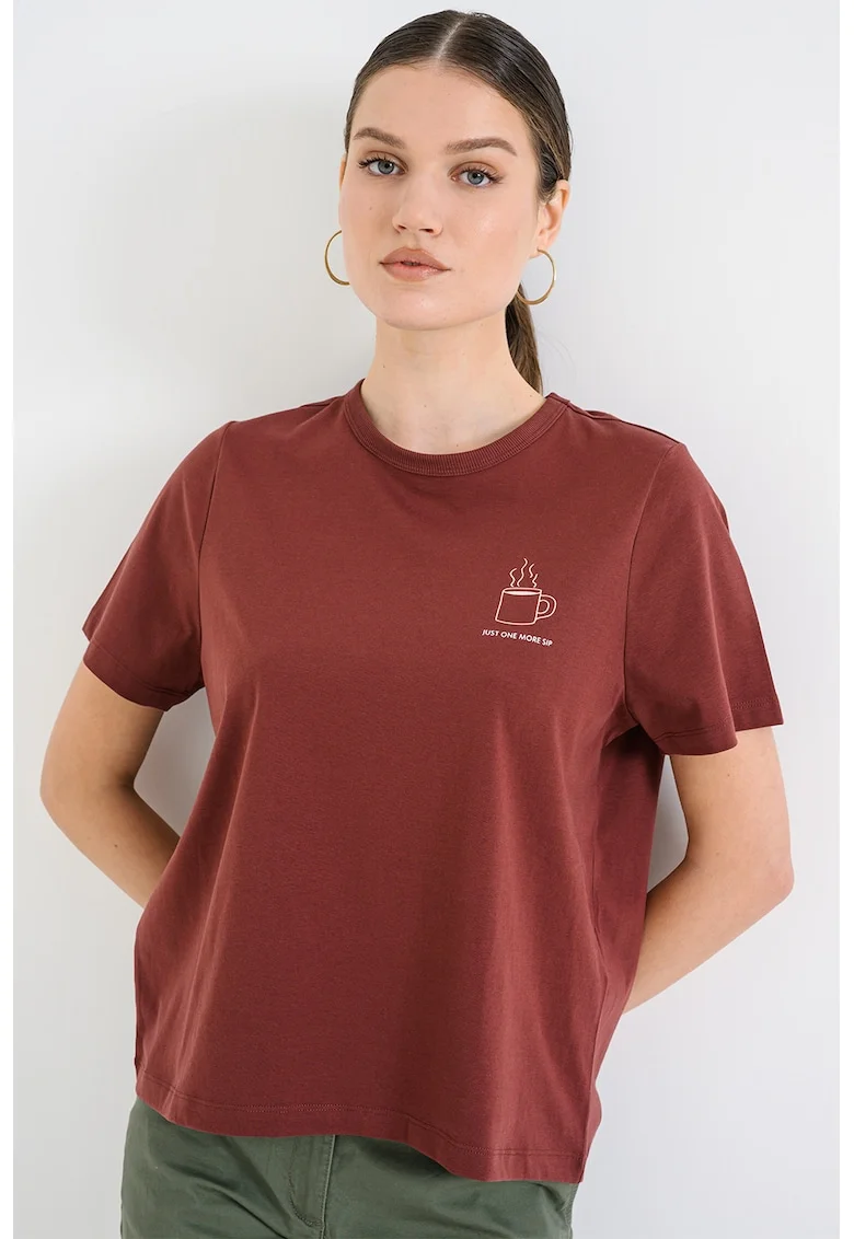 Tricou cu decolteu la baza gatului si imprimeu pe partea din spate, Maro scortisoara