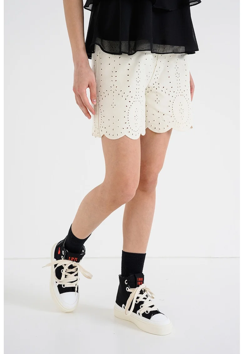 Pantaloni scurti din bumbac cu perforatii, Crem