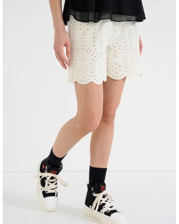 Pantaloni scurti din bumbac cu perforatii, Crem