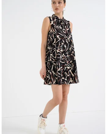 Rochie-camasa cu model, fara maneci, Negru/Alb murdar