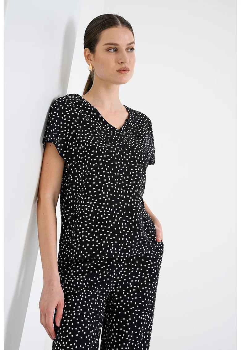 Bluza cu decolteu in V si maneci scurte, Alb/Negru