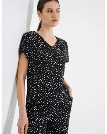 Bluza cu decolteu in V si maneci scurte, Alb/Negru