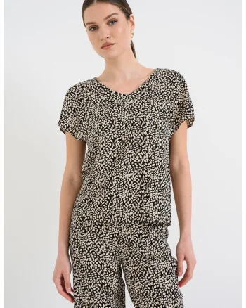 Bluza cu decolteu in V si maneci scurte, Alb fildes/Negru