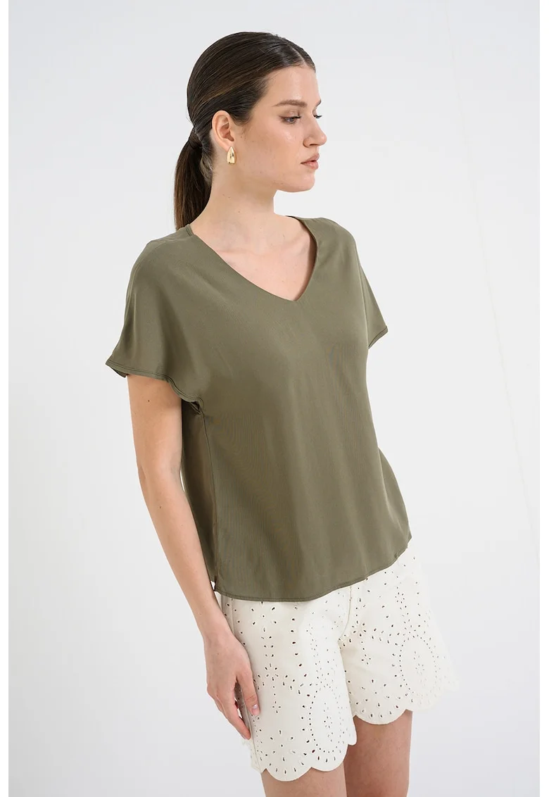 Bluza cu decolteu in V si maneci scurte, Verde masliniu