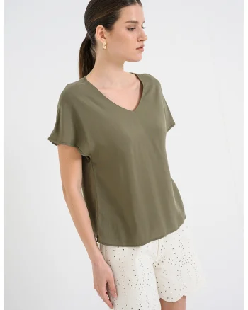 Bluza cu decolteu in V si maneci scurte, Verde masliniu
