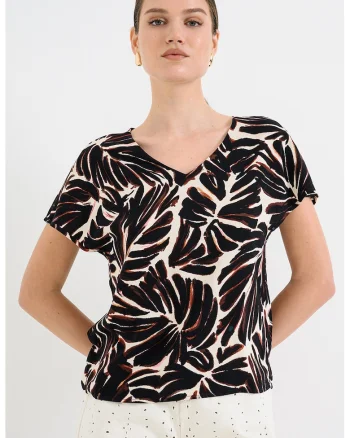 Bluza cu decolteu in V si maneci scurte, Negru/Crem