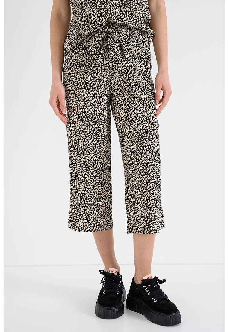 Pantaloni crop cu talie medie, Alb fildes/Negru