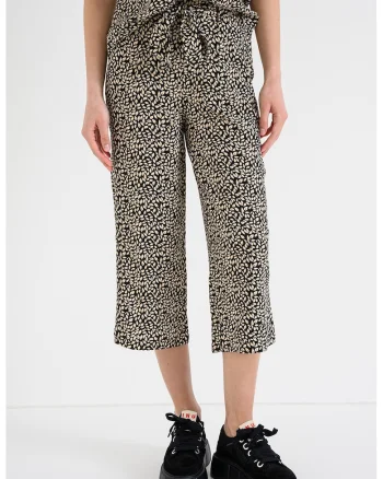 Pantaloni crop cu talie medie, Alb fildes/Negru