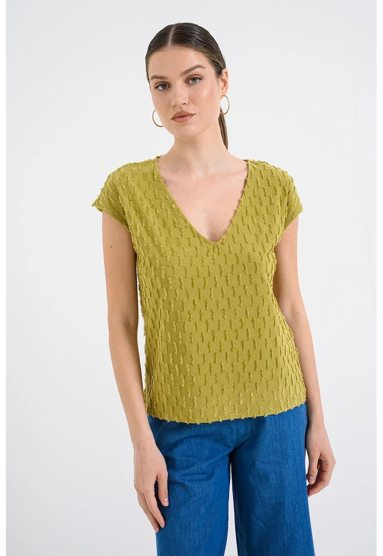 Tricou texturat cu decolteu in V, Verde masliniu