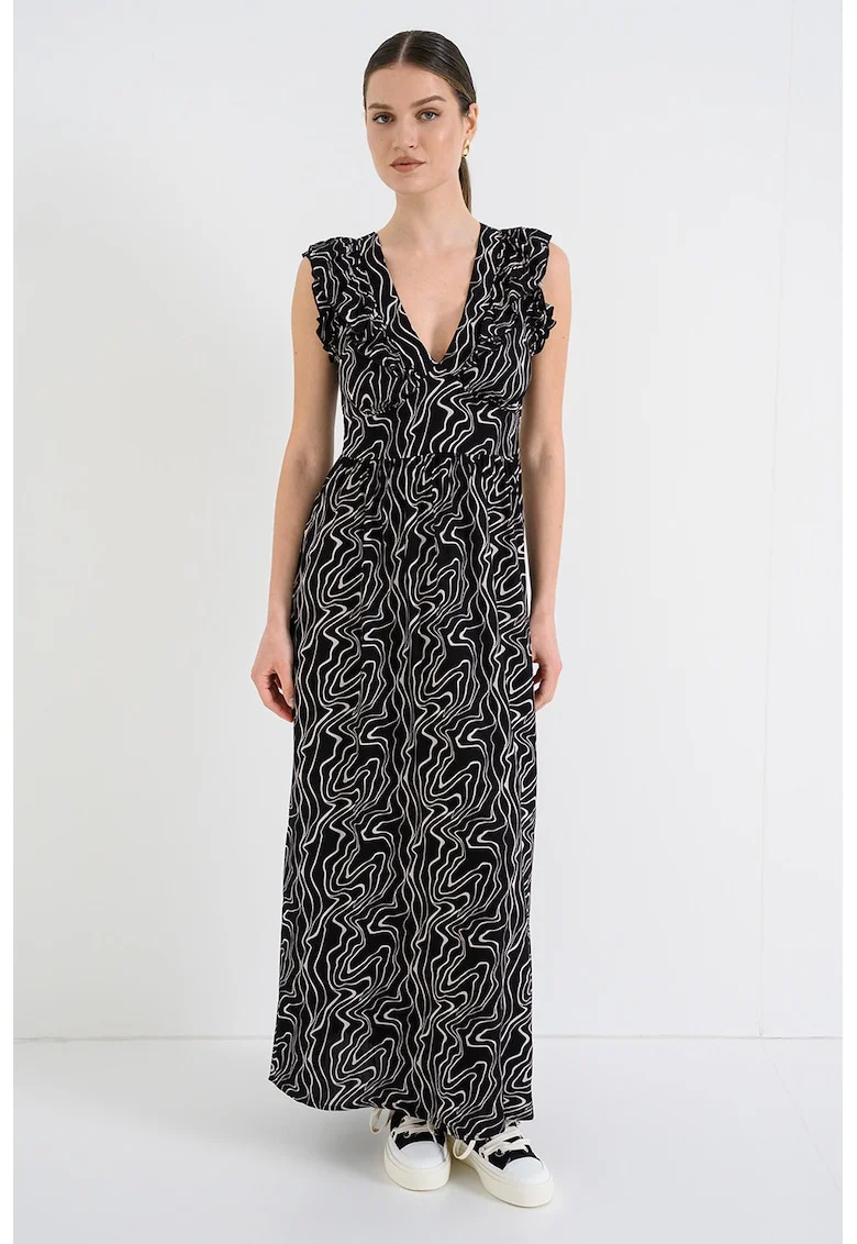 Rochie maxi cu decolteu in V Easy, Negru/Alb murdar