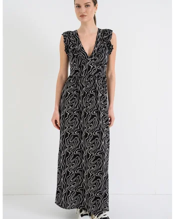 Rochie maxi cu decolteu in V Easy, Negru/Alb murdar