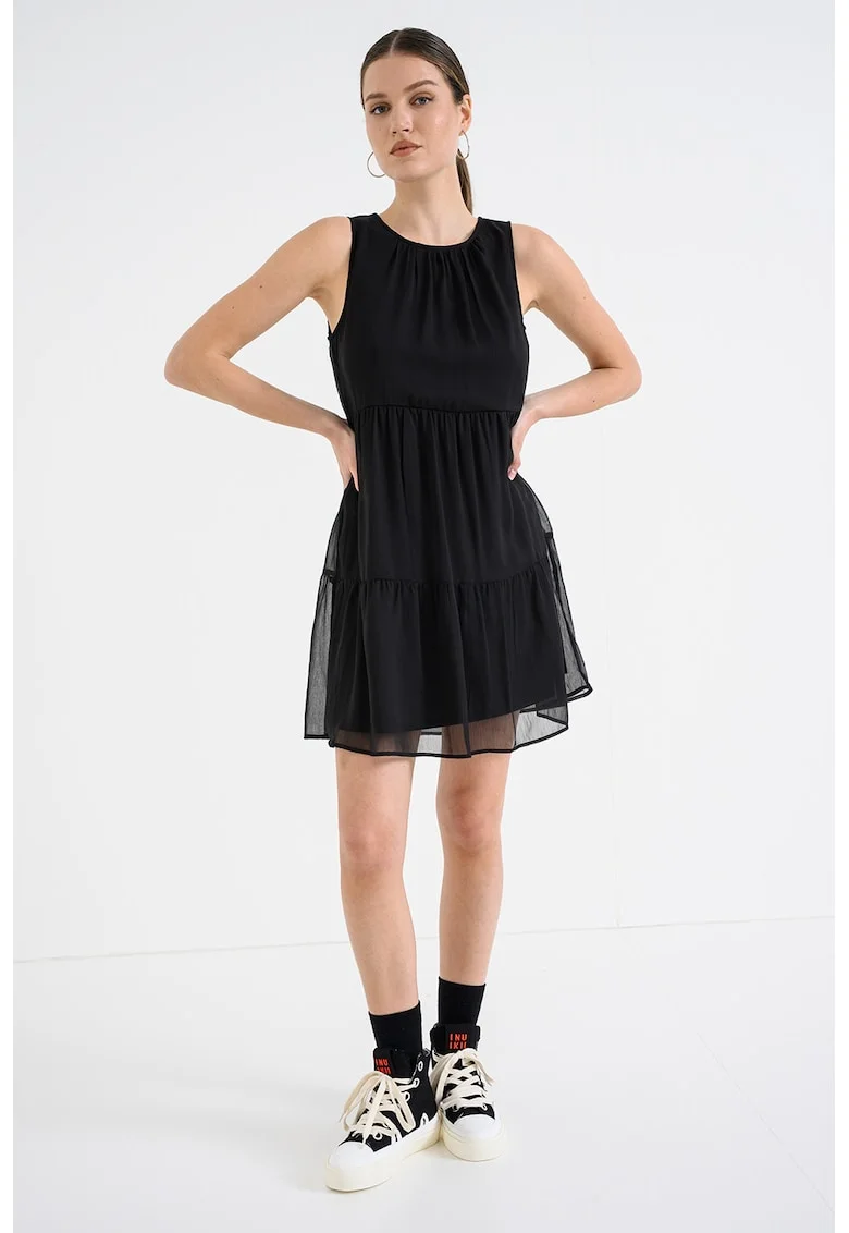 Rochie scurta cu strat exterior din plasa cu decupaj pe partea din spate, Negru