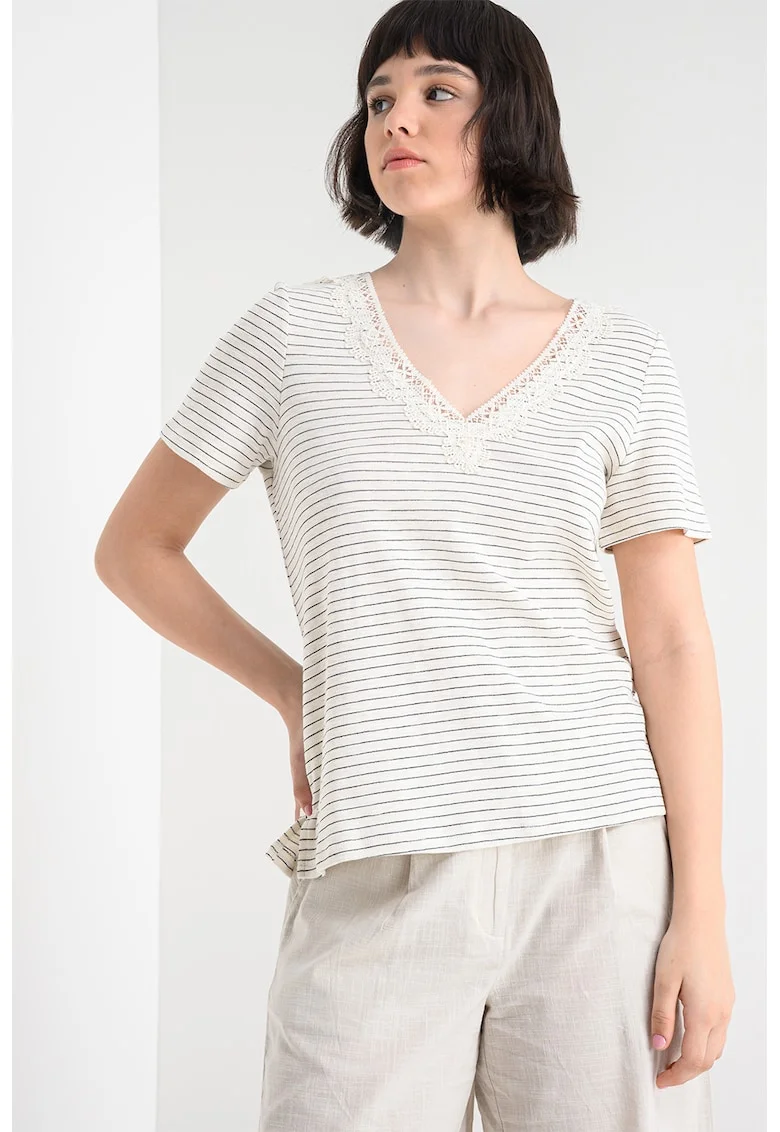 Tricou cu decolteu in V Karoline, Alb fildes/Negru
