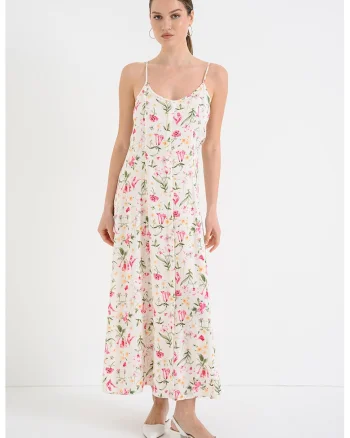 Rochie vaporoasa cu model, Alb/Verde/Fucsia