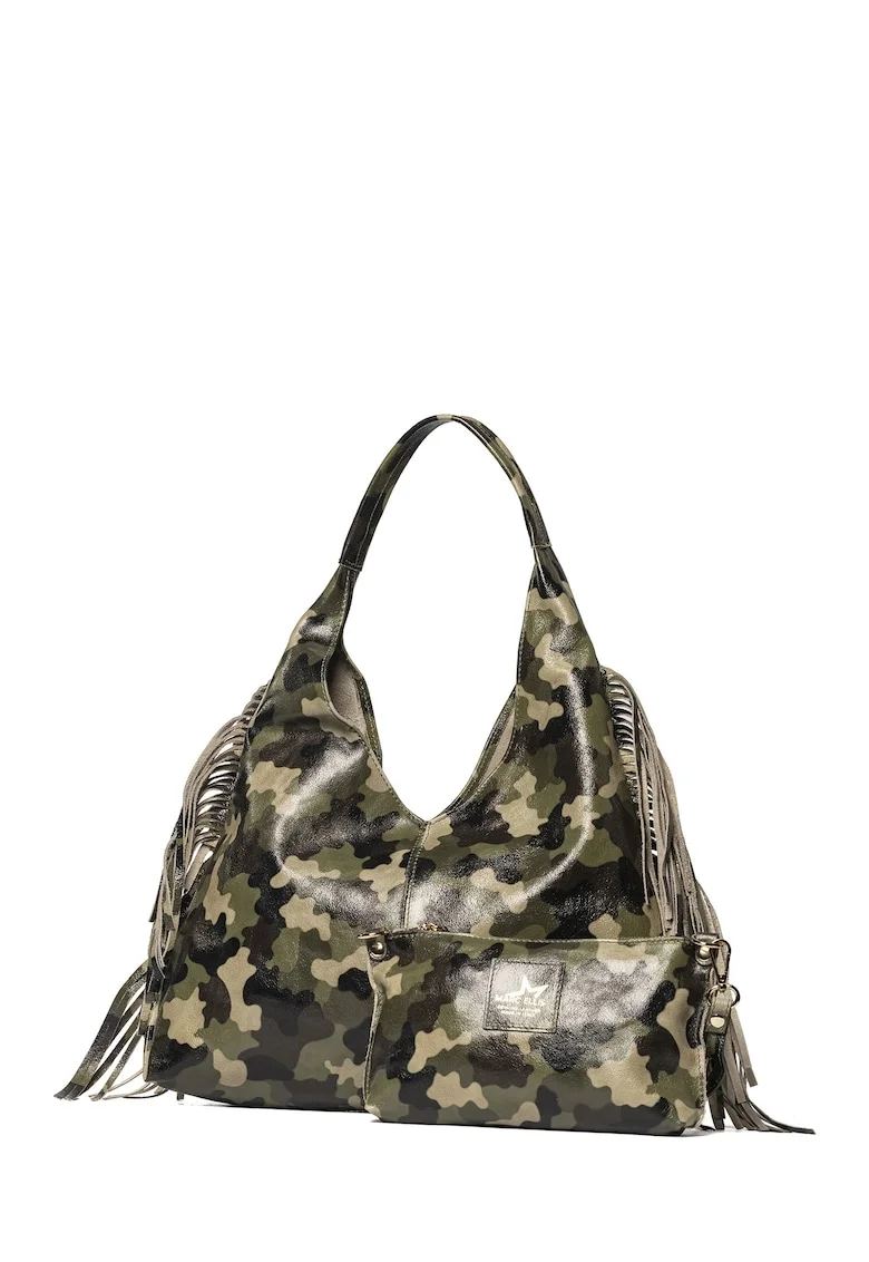 Geanta hobo cu franjuri Eldoria Lux, Negru/Kaki