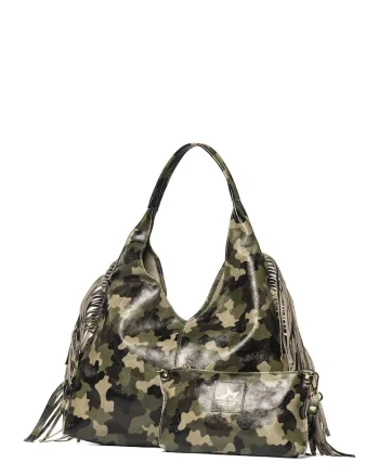 Geanta hobo cu franjuri Eldoria Lux, Negru/Kaki