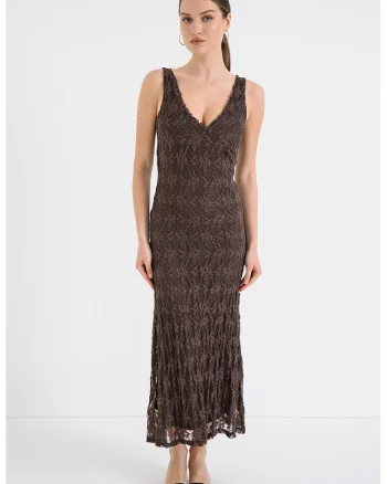 Rochie lunga cu croiala cambrata si broderie, Maro