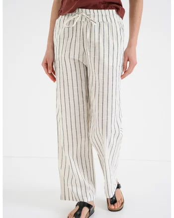Pantaloni relaxed-fit din bumbac cu dungi, Crem