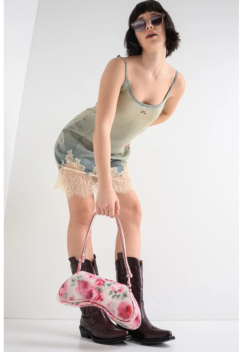 Rochie-furou scurta din denim cu terminatie din dantela Odry, Albastru prafuit/Kaki