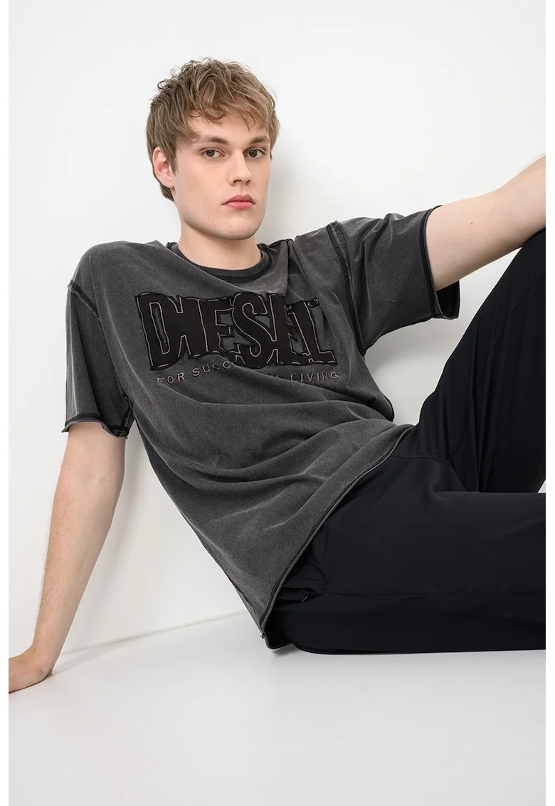 Tricou cu logo si cusaturi decorative Rawboxt, Gri inchis