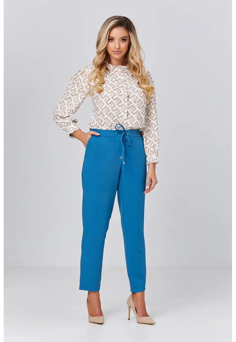 Pantaloni cu talie inalta si snur de ajustare, Albastru inchis