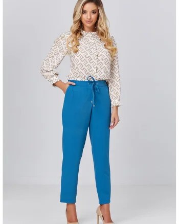 Pantaloni cu talie inalta si snur de ajustare, Albastru inchis