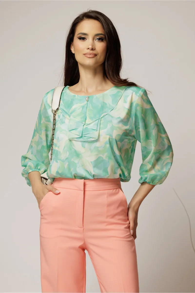Bluza eleganta din viscoza cu imprimeu lila si roz si croi lejer